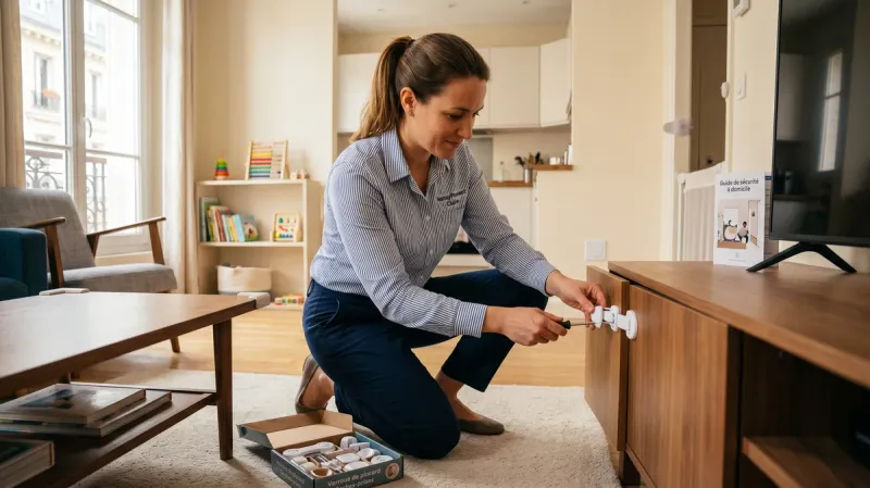 Professionnelle de la petite enfance vérifiant la sécurité d'une armoire à médicaments dans une cuisine aménagée pour les enfants
