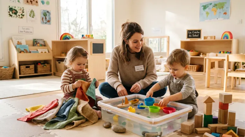 Professionnelle AEPE assise au sol avec deux enfants en bas âge lors d'une activité sensorielle avec des matériaux naturels colorés, espace de jeu lumineux et sécurisé
