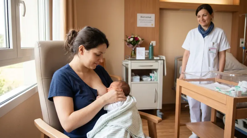 Mère allaitant son nourrisson dans une chambre lumineuse, professionnelle de la petite enfance présente de manière bienveillante en arrière-plan