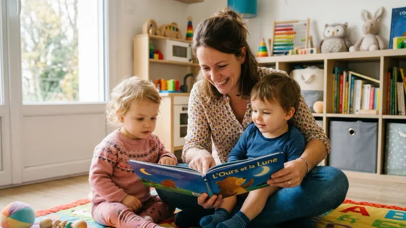 Assistante maternelle lisant un livre d'images à de jeunes enfants dans un environnement bienveillant.