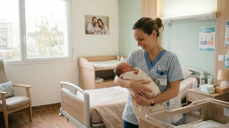 Auxiliaire de puériculture prodiguant des soins d'hygiène et de confort à un nouveau-né.