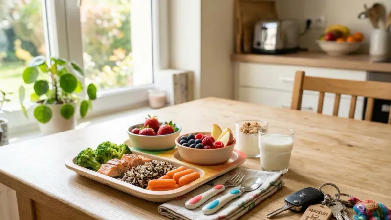 Plateau repas équilibré et clés symbolisant les avantages en nature pour une assistante maternelle.