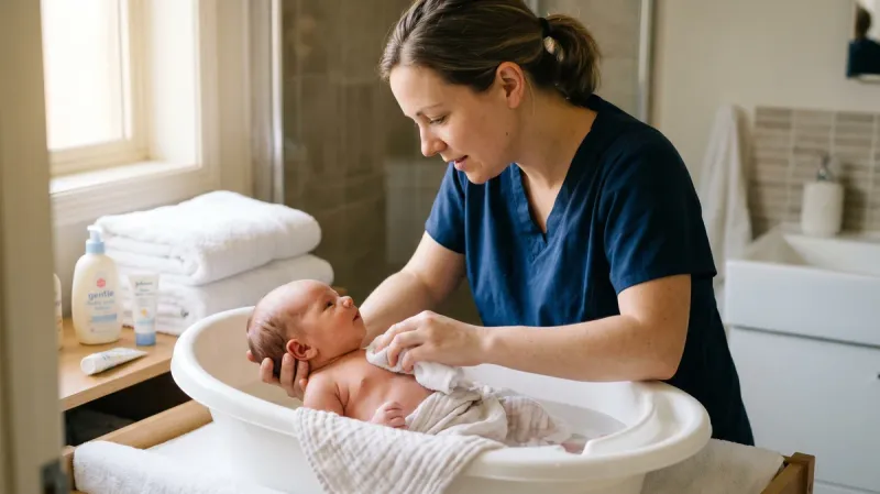 Professionnelle de la petite enfance donnant le bain à un nourrisson dans une baignoire adaptée, lumière naturelle chaleureuse