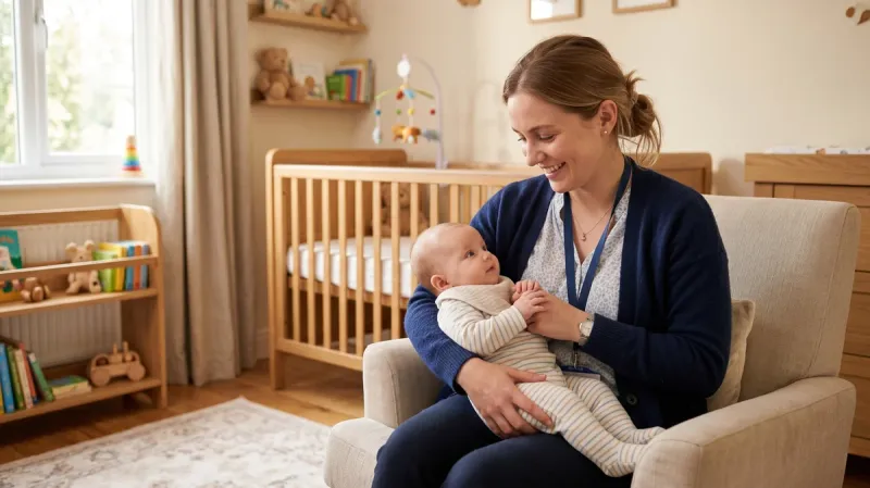 Professionnelle AEPE tenant un nourrisson dans ses bras dans un cadre de crèche chaleureux, illustrant la réponse aux besoins fondamentaux de l'enfant