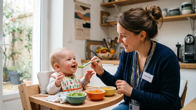 Professionnelle AEPE présentant une petite cuillère de purée de légumes à un nourrisson installé dans un transat d'éveil, lumière naturelle chaleureuse