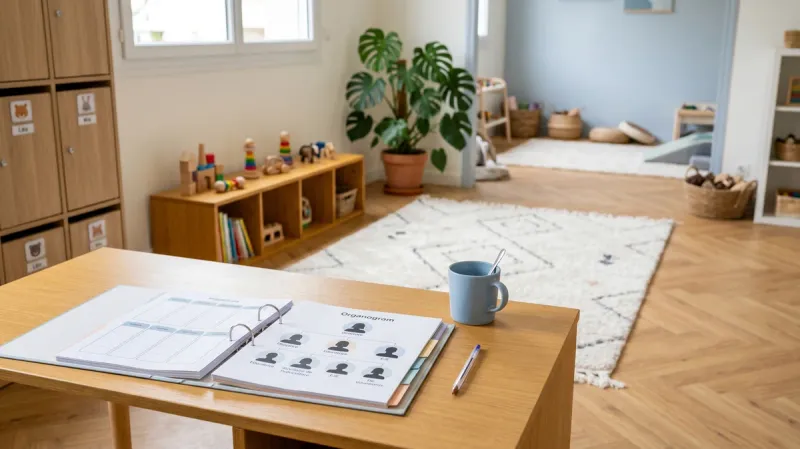 Bureau de direction d'une micro-crèche avec organigramme d'équipe et plannings, illustrant les nouvelles obligations du décret n° 2025-304 du 1er avril 2025 : directeur unique, plafond de 3 structures, 40 % de diplômés d'État.