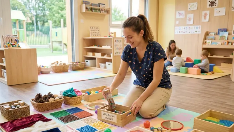 Éducatrice de jeunes enfants concevant un espace pédagogique adapté au développement de l'enfant.