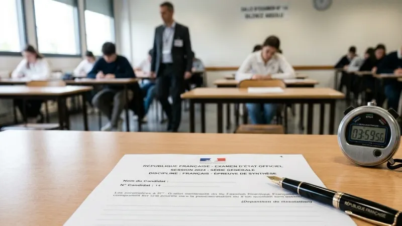 Épreuve écrite du CAP Petite Enfance : copie d'examen, stylo et chronomètre sur une table.