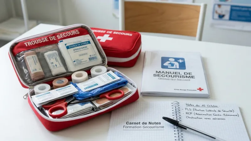 Matériel de secourisme et guide d'étude pour l'épreuve de Prévention Santé Environnement.