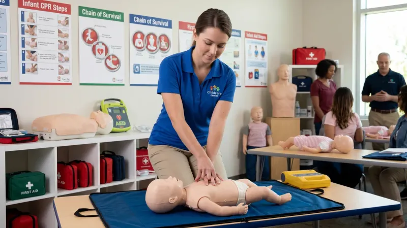 Professionnelle de la petite enfance pratiquant la RCP sur un mannequin nourrisson lors d'une formation aux premiers secours