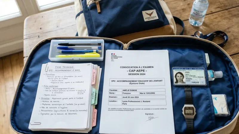 Matériel à préparer pour le jour des épreuves du CAP AEPE : fiches, stylos et convocation.
