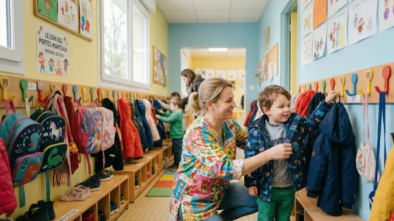 Une ATSEM accompagnant un enfant dans les gestes de la vie quotidienne à l'école maternelle.