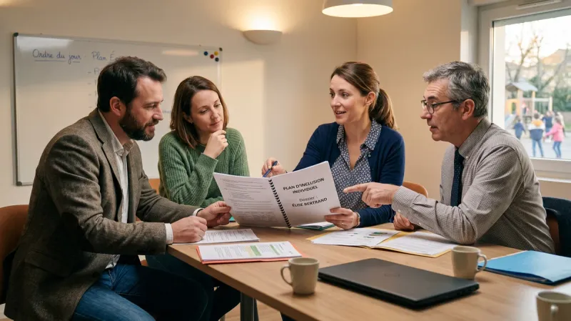 Professionnelle AEPE participant à une réunion d'équipe éducative en école maternelle, avec enseignants et parents autour d'un document de scolarisation