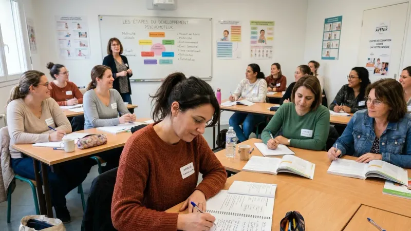 Femme en reconversion professionnelle suivant une formation pour travailler dans la petite enfance.