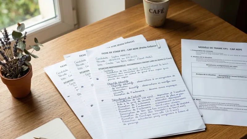 Fiches EP1 du CAP AEPE rédigées avec soin, prêtes pour la présentation au jury.