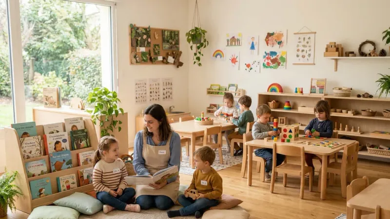 Salle de classe équipée pour l'accueil et l'éveil des jeunes enfants en école maternelle.
