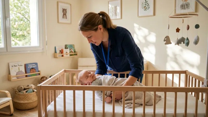 Professionnelle de la petite enfance installant doucement un nourrisson dans un lit à barreaux sécurisé, lumière naturelle matinale dans une chambre de crèche