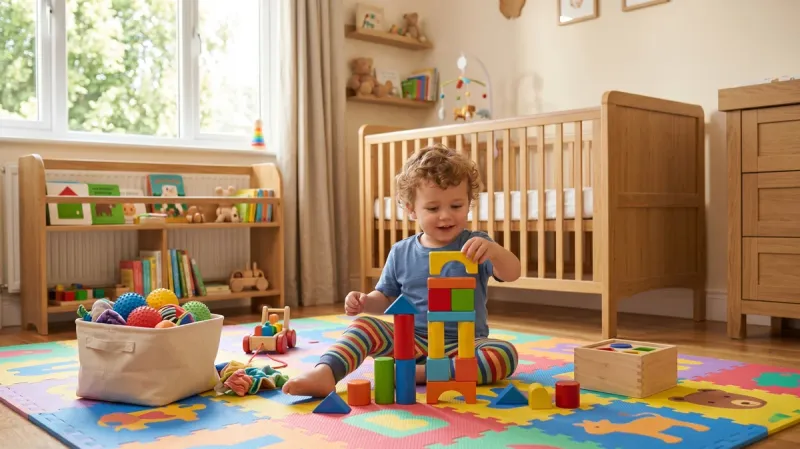 Enfant de 2 ans explorant des jouets en bois colorés sur un tapis d'éveil, illustrant le développement global de l'enfant selon les 5 sphères